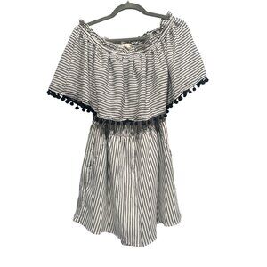 Coverstitched Off-Shoulder Romper Women L Black White Striped Pom-Poms Bohemian